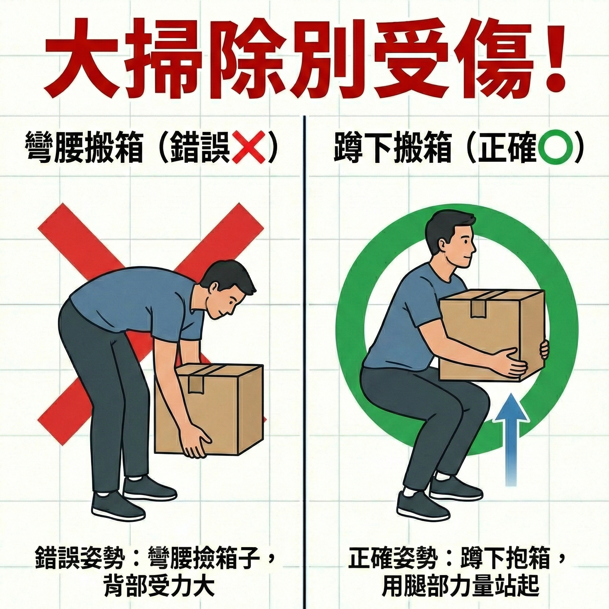 正確搬重物姿勢避免大掃除腰痛